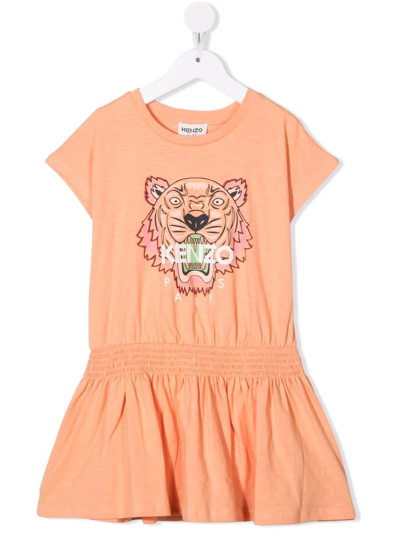 Kenzo Kids' Girl's Tiger Short-sleeve Smocked-waist Dress In Orange