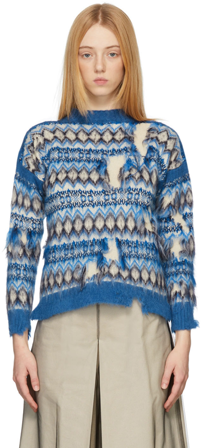 Maison Margiela Distressed Fair Isle Wool And Cotton-blend Jumper In Blue