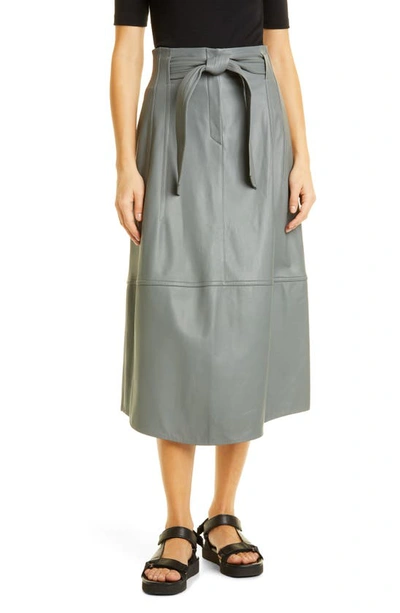 Vince Topstitch Belted Leather Skirt In Sea Stone