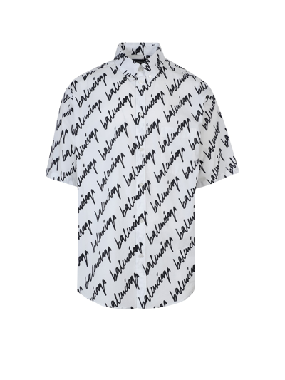 Balenciaga Scribble-logo Cotton Short-sleeved Shirt In White