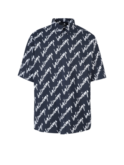 Balenciaga Large-fit Short-sleeve New Scribble Logo Shirt In Navy,white