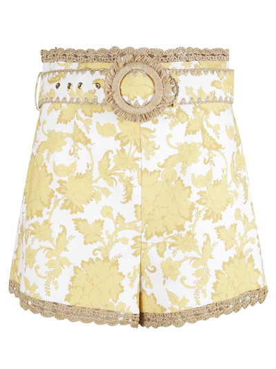 Zimmermann Mae Belted Pleated Printed Linen Shorts In White,yellow