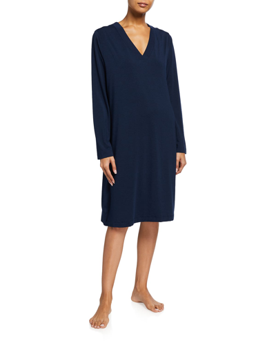 Hanro Champagne Long-sleeve Nightgown In Deep Navy