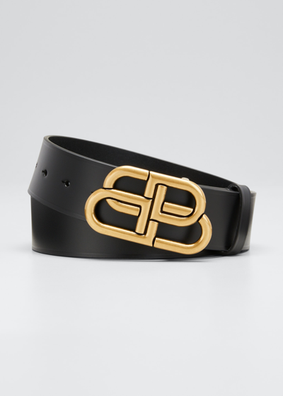 Balenciaga Men's Bb-monogram Leather Buckle Belt In Noir