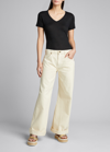 Majestic Stretch-linen Semi-relaxed V-neck Tee In Navy