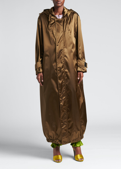 Tom Ford Long Hooded Duchess Silk Trench Coat In Khaki