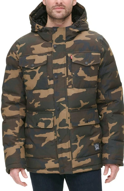 Levi's Men's Quilted Four Pocket Parka Hoody Jacket In Camouflage