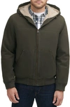 Levi's Workwear Cotton Canvas Faux Shearling Lined Hoodie Bomber Jacket In Olive