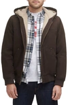 Levi's Workwear Cotton Canvas Faux Shearling Lined Hoodie Bomber Jacket In Brown