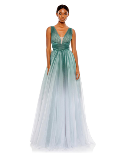 Mac Duggal Glitter Ombre V Neck Sleeveless Gown In Jade Ombre