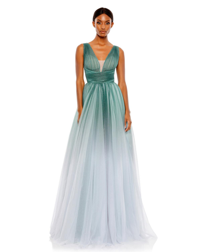 Mac Duggal Glitter Ombre V Neck Sleeveless Gown In Blue