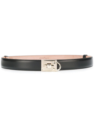 Ferragamo Black Smooth Calfskin Leather Adjustable Gancini Studio Belt, Size 75 Cm In Black,gold Tone