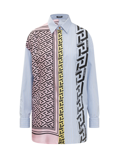 Versace Multicolor Silk Shirt With Foulard Monogram Detail In Light Blue,pink,yellow