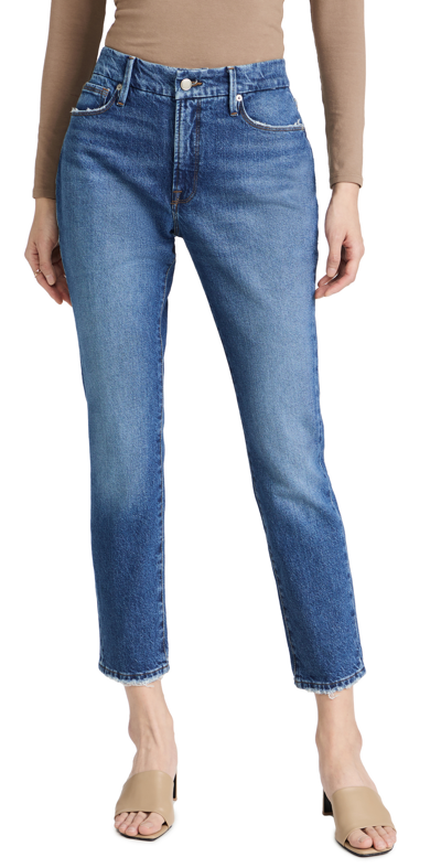 Good American Good Classic High-rise Distressed Stretch Stacked-leg Jeans In Blue