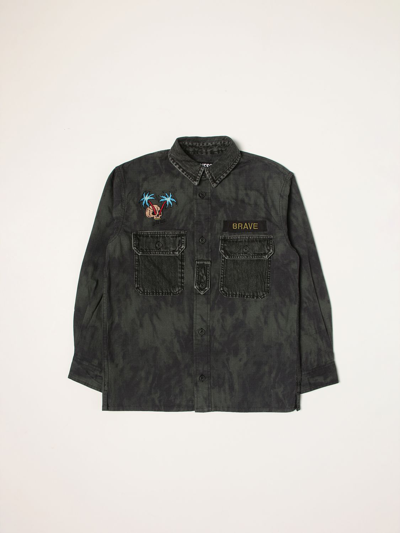 Diesel Kids' Denim Shirt With Embroidery In Green