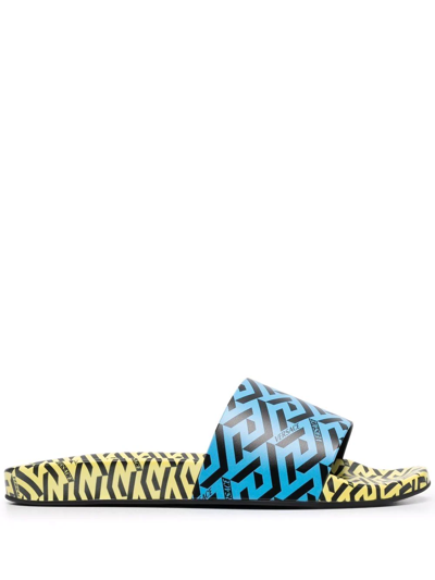 Versace Men's Greca Print Color Block Logo Slide Sandals In Pineapple