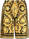 Versace Knee-length Black And Gold Silk Shorts With Barocco Print In Schwarz