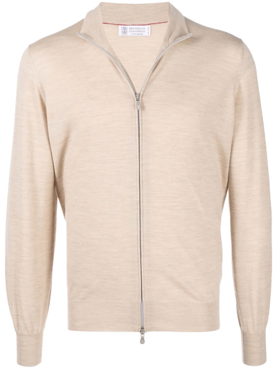 Brunello Cucinelli Zipped-up Knit Cardigan In Nude