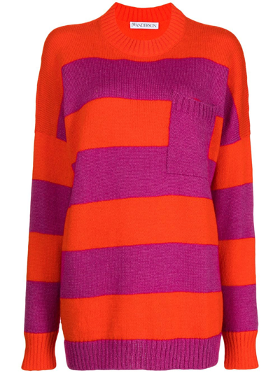 Jw Anderson Striped Patch Pocket Crew Neck Mohair-blend Wool Sweater In Pink Red