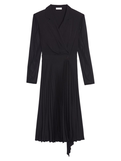 Sandro House Long-sleeved Dual-fabric Dress In Black