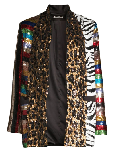 Alice And Olivia Kylie Sequin Patchwork Jacket In Black Multi