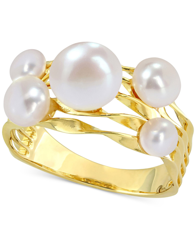 Macy's Cultured Freshwater Pearl (4- 7-1/2mm) Cluster Openwork Ring In Yellow Rhodium-plated Sterling Silve In Gold Tone