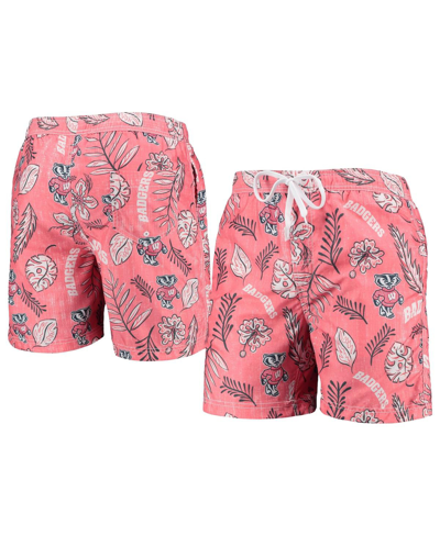 WES & WILLY MEN'S WES & WILLY RED WISCONSIN BADGERS VINTAGE-LIKE FLORAL SWIM TRUNKS