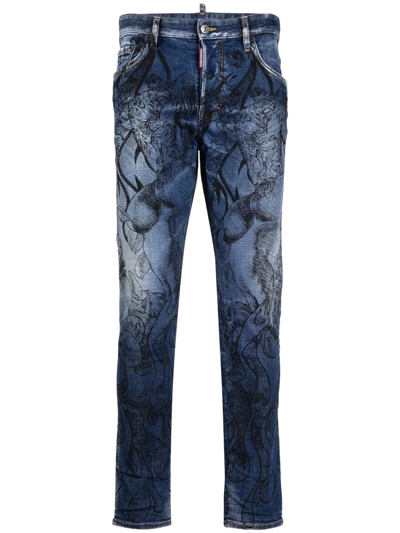 Dsquared2 Floral-print Bleached-effect Skinny Jeans In Blue