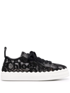 Chloé Lauren Scalloped Logo-detailed Lace And Leather Sneakers In Black