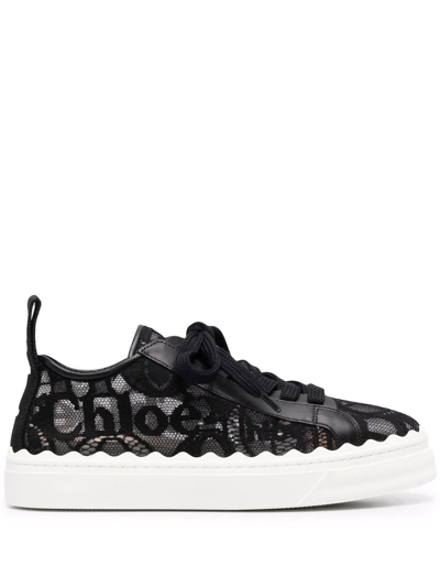 Chloé Lauren Scalloped Logo-detailed Lace And Leather Trainers In Black