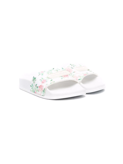 Monnalisa Kids' Floral-print Logo Slides In White