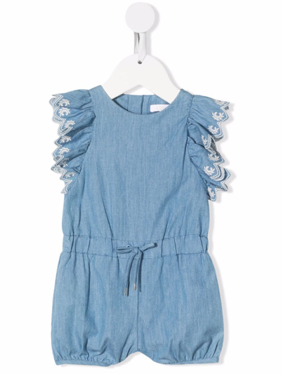 Chloé Babies' Ruffle-detail Drawstring-waist Playsuit In Blue