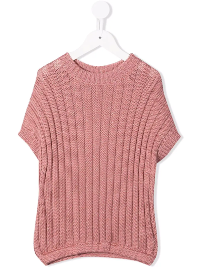Brunello Cucinelli Kids' Pink Ribbed Knit Sweater In Rosa