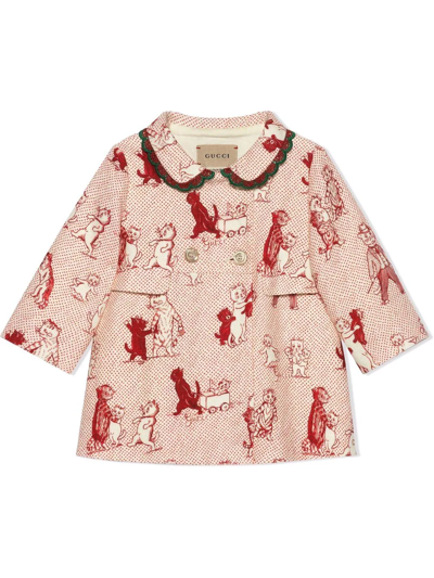 Gucci Baby Cat-print Linen Coat In Red