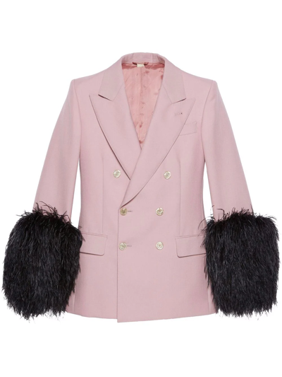 Gucci Feather-trim Single-breasted Blazer In Pink