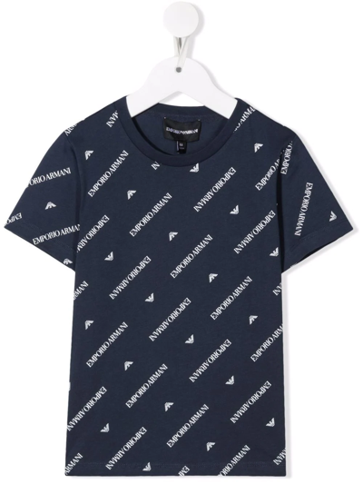 Emporio Armani Kids' Logo-print Short-sleeve T-shirt In Blu-bianco