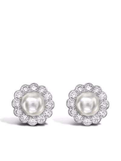 Pre-owned Pragnell Vintage Platinum Pearl And Diamond Stud Earrings In Silver