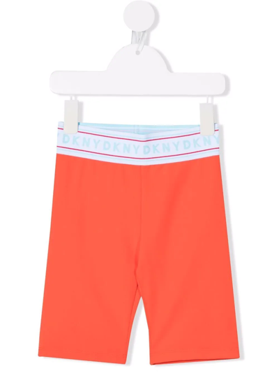 Dkny Kids' Logo-waist Knee-length Cycling Shorts In Orange