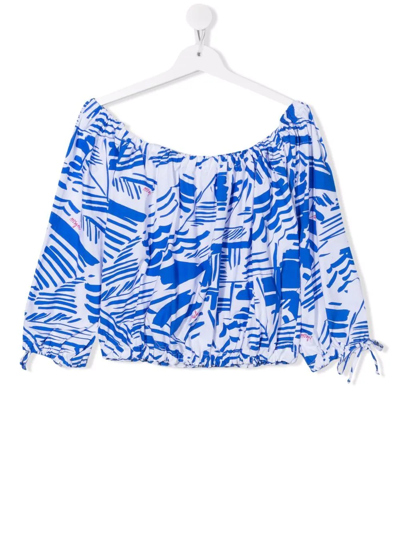 Msgm Kids' Abstract-print Cotton Blouse In Blue