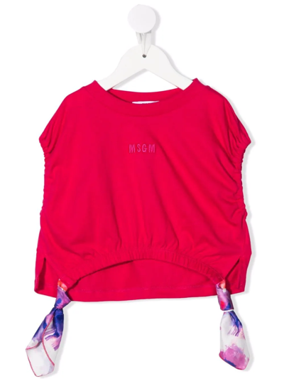 Msgm Kids' Ruched Ribbon-detail T-shirt In Pink