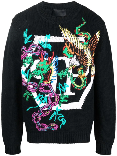 Philipp Plein Patterned Intarsia-knit Jumper In Black