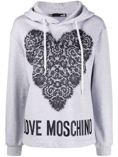 Love Moschino Lace Heart Printed Hoodie In Grey
