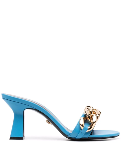 Versace Women's Medusa Chain Mid-heel Nappa Leater Mules In Blue