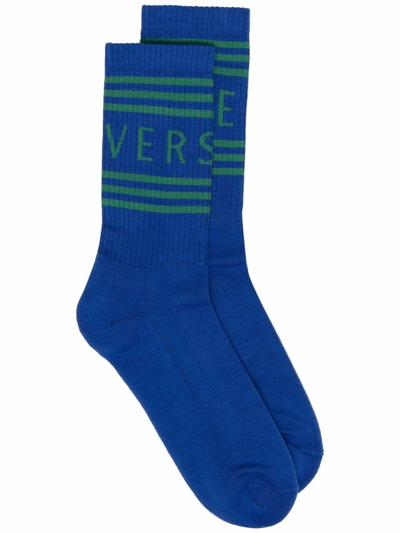 Versace Logo-print Ribbed Socks In Blue