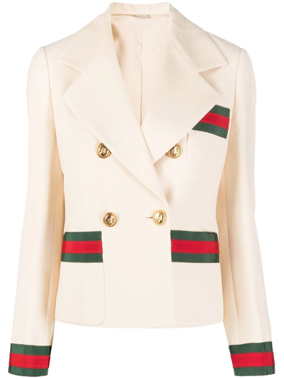 Gucci Web-stripe Trim Double-breasted Blazer In Neutrals