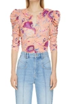 Isabel Marant Jen Floral-print Ruched Puff-sleeve Blouse In Papaya
