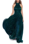 Betsy & Adam Metallic Sleeveless Halter Neck Open Back Gown In Jade