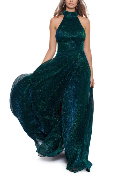 BETSY & ADAM BETSY & ADAM HALTER MOCK NECK CRINKLE FAUX WRAP GOWN