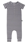 Rags To Raches Essentials Rolled Short Sleeve Henley Romper In Quarry Stripe