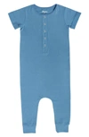 Rags To Raches Essentials Rolled Short Sleeve Henley Romper In Parisian Blue
